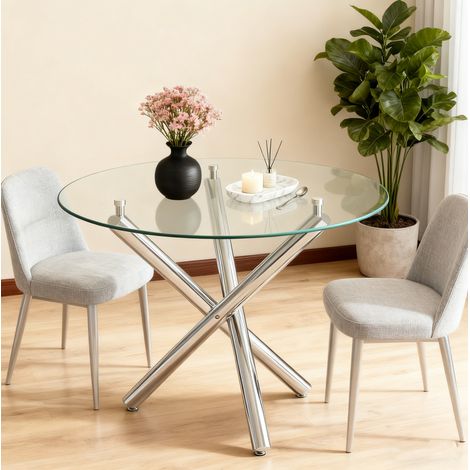 Tavolo da pranzo rotondo 80 cm in vetro temperato e metallo argentato, DESVIAE (1/5)