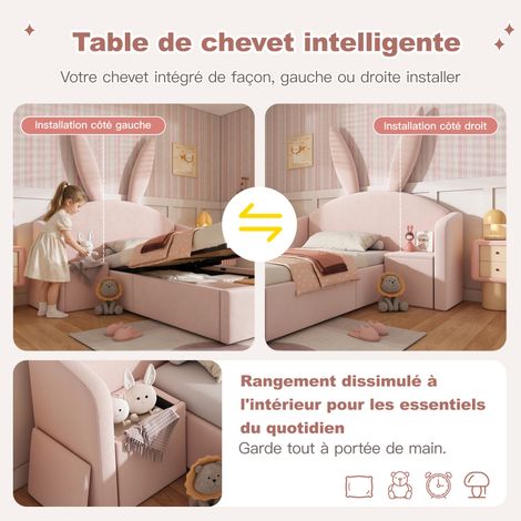 Lit rembourré 90x200 cm rose avec motif oreilles de lapin, lit enfant avec coffre de rangement et table de chevet, lit doux en velours (sans matelas) (1/5)