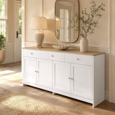 Buffet 160x37x75 cm en MDF et panneaux de bois blanc, avec rangement pour salle à manger FloraGrace (1/5)