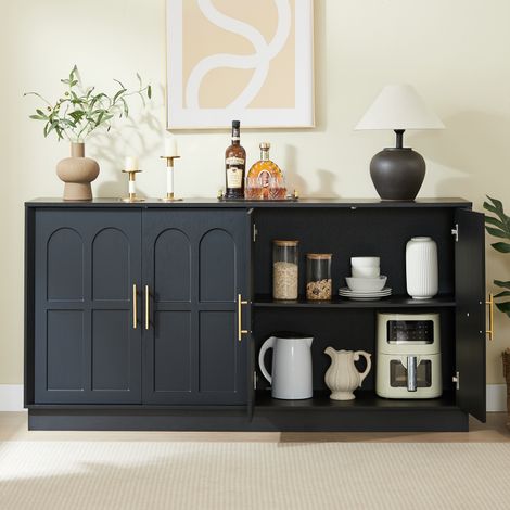 REDOM Credenza contenitore, design moderno minimalista, ante curve, ripiani regolabili, MDF nero