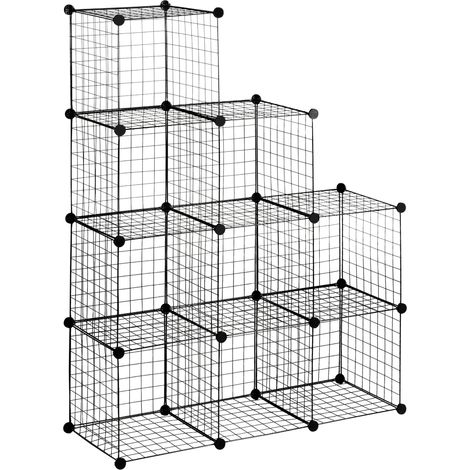 HOMCOM Steckregal, Regalsystem mit 9 Fächern, DIY Würfelregal aus Drahtgitter, Stufenregal für Wohnzimmer, Schlafzimmer, Schwarz, 105 x 35 x 105 cm