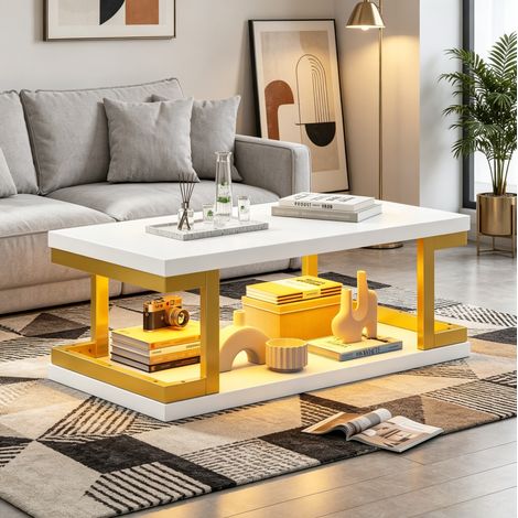 Couchtisch Rechteckig mit Offenem Ablagefach und LED, Bluetooth-Steuerung, für Wohnzimmer, MDF und Metall, 100 × 50 × 37,5 cm (1/5)