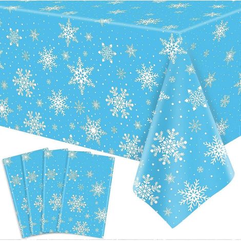 Lot de 4 nappes de Noël à flocons de neige blancs, en plastique, pour une table féérique sur le thème de l'hiver. (1/5)