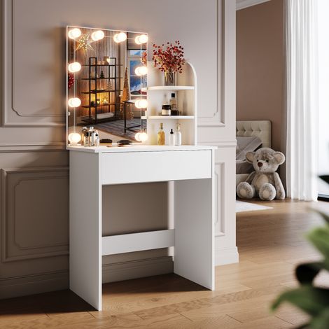 SIRHONA Tocador de Maquillaje con Iluminación LED Espejo Función de Memoria Inteligente Tocador con Espejo de Luces Regulables 10 Bombillas LED Mesa Maquillaje Moderno Dormitorio Blanco 70x40x140cm (1/4)