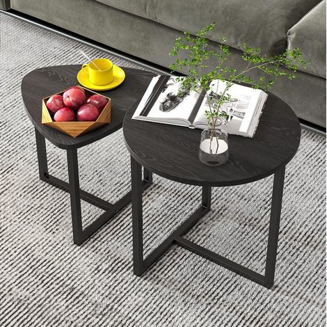 Set di 2 tavolini bassi 45x48 cm e 42x40 cm, design industriale, piano a forma di cuore, truciolare e metallo nero (1/5)