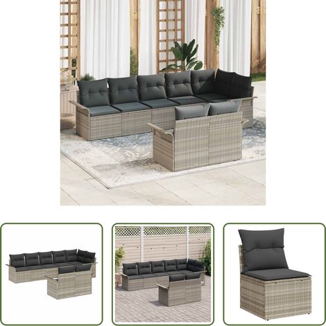 Poly-Rattan - Gartensofa-set mit Kissen 8 pcs Hellgrau Poly-Rattan (1/5)