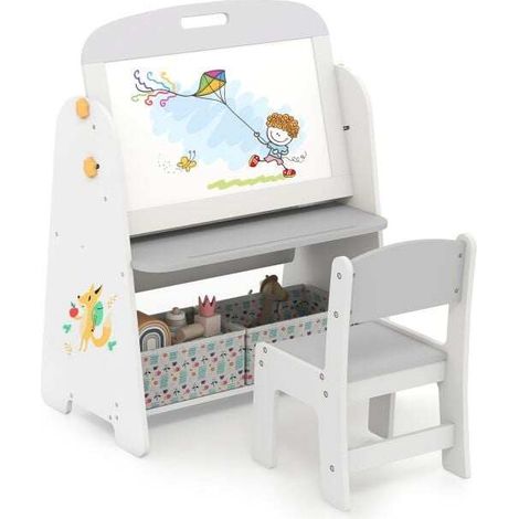 Set de table et chaises pour enfants 4 en 1 avec chevalet d'art et étagère, tableau blanc magnétique et tableau noir pour dessiner - gris (1/5)