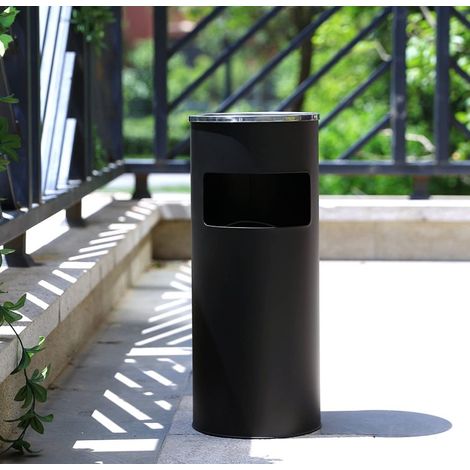 Lot de 2 Poubelle Ronde Anti Feu Haloyo®, Acier Inoxydable avec Cendrier,25 x 25 x 60 cm,noir (1/5)