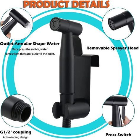 Kit hygiène + robinet 3 voies - Kit Douchette WC,Pulvérisateur de bidet à main, Douchette Toilette WC Eau Chaude et Froide avec Flexible et Support, Noir , (1/4)