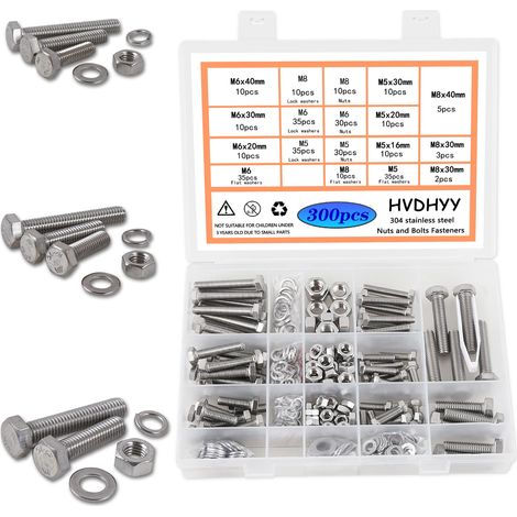 Lot de 300 vis et écrous M5 M6 M8 à tête hexagonale DIN 933 A2-70 en acier inoxydable, rondelles, écrous et boulons, 9 tailles, avec boîte de rangement réutilisable (1/5)