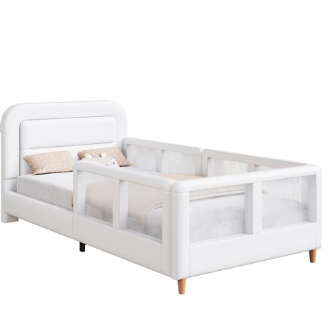 Lit plateforme rembourré 90 x 200 cm avec barrière de sécurité, blanc