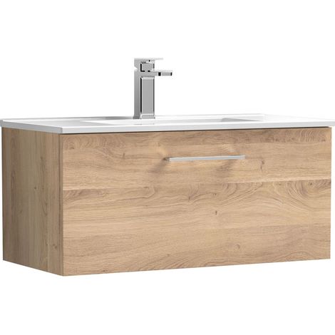 Balterley Bramshall Contemporary Bathroom 1 Soft Close Drawer & Minimalist Wall Hung Vanity Unit Basin, Light Oak, 800mm