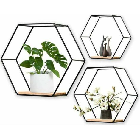 Lot de 3 étagères murales hexagonales en métal et bois - Pour étagère de cuisine, salle de bain, chambre à coucher, décoration murale (noir) (1/4)