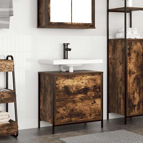 Meuble de salle de bain lavabo tiroirs Chêne Fumé 60x34,5x60 cm, Meuble Mural, Design Moderne (1/5)