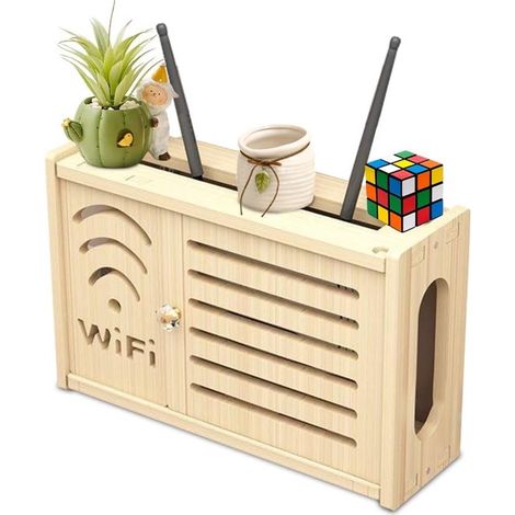 Mobiletto in legno per router Wi-Fi, 36 x 11,5 x 24 cm. Scatola di stoccaggio ventilata con aperture per le antenne, simbolo Wi-Fi e piastra di copertura. (1/5)
