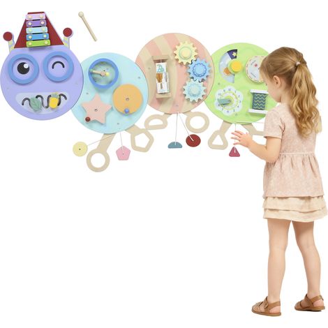 7-in-1 Wandspielzeug, Xylophon, Zahnräder, Raupen-Design, MDF, 108 cm, Bunt (1/5)