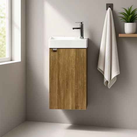 Meuble de Salle de Bains avec vasque/lavabo Lave main à suspendre Ana 40 chêne (1/5)