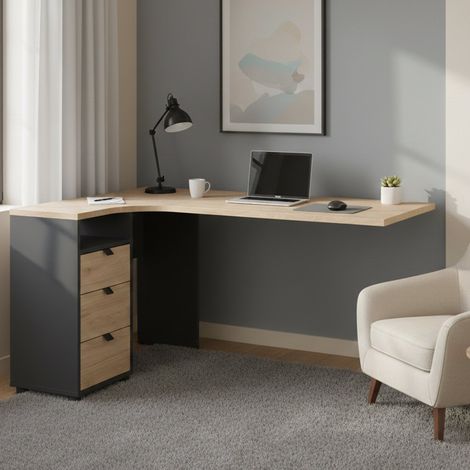 Dmora - Scrivania Pinot, Scrittoio multiuso, Tavolo per ufficio porta PC, Piano di lavoro, 150x100 h76 cm, Rovere e Grigio (1/5)