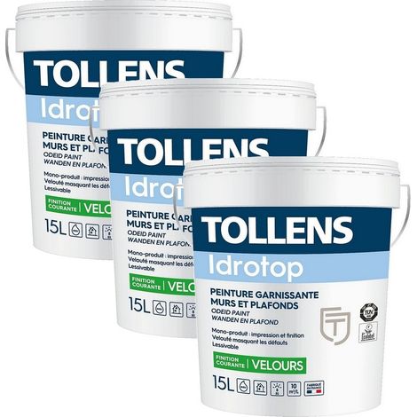 Tollens – Peinture acrylique blanche velours pour murs et plafonds – Pack de 3 x 15L – Très opacifiante – Lessivable – Rendement 10m²/L