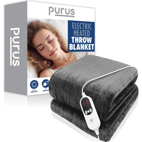Purus Grey XL Heated Throw Electric Blanket 180 x 130cm Micro Fleece 9 Heat Settings 12 Hour Timer (1/5)