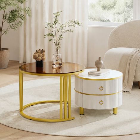 Table basse 2-en-1 ronde 70/50 cm blanche, 2 tiroirs, verre trempé et MDF MEUBLIV (1/5)