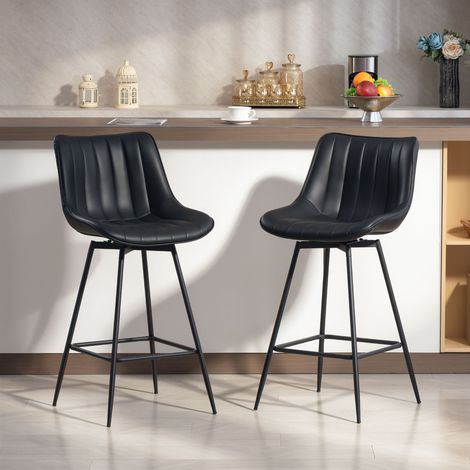 Lot de 2 tabourets de bar, chaises pivotantes à 360° rembourrées en cuir synthétique avec dossier et repose-pieds noirs