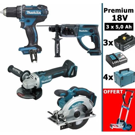 Pack Premium 4 machines 18V 5Ah: DDF482 + DGA504 + DHR202 + DSS610 + 3 batt + 4 MakPac + OFFERT chariot MAKITA (1/5)
