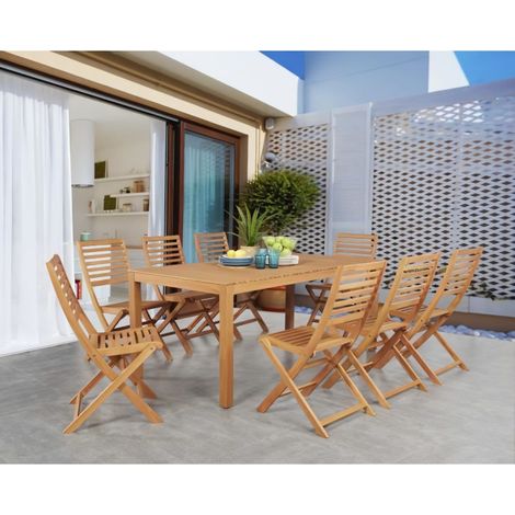 Ensemble repas de jardin 8 personnes – Table rectangulaire 180 x 90 cm – Chaises pliantes en bois d'eucalyptus FSC – Idéal pour extérieur