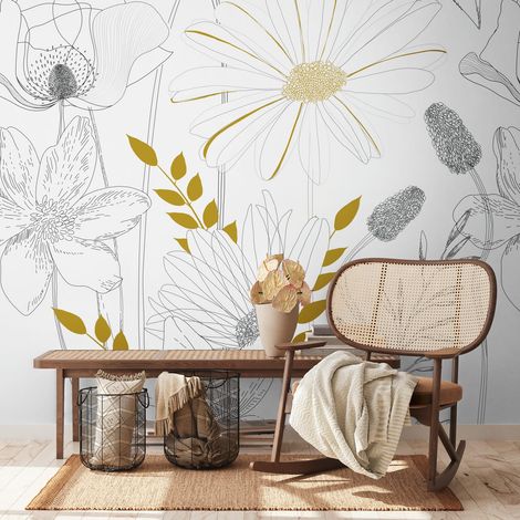 Fototapete Profhome 392131 heißgeprägte Vliestapete glatt mit Blumen-Muster matt weiß schwarz gelb 1,59 m x 2,8 m