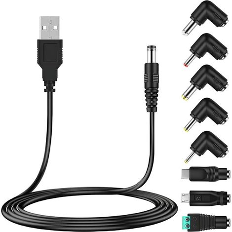 Câble d'alimentation USB vers DC 5V, 5.5 x 2.1mm DC Barrel Jack, avec 8 Jack Connecteurs (5.5mm 2.5mm,4mm 1.7mm,4.8mm 1.7mm, 3.5 1.35mm,2.5mm 0.7mm,Micro USB,Type-C,Connecteur LED) (1/5)