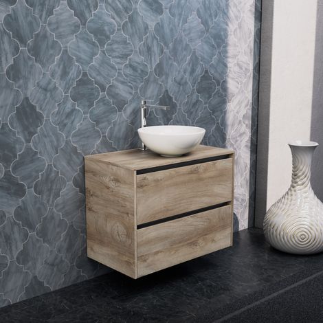 Inda - Badezimmerschrank 2 Schubladen B.80 mit Aufsatzwaschbecken / Natureiche - Smeraldo (1/5)