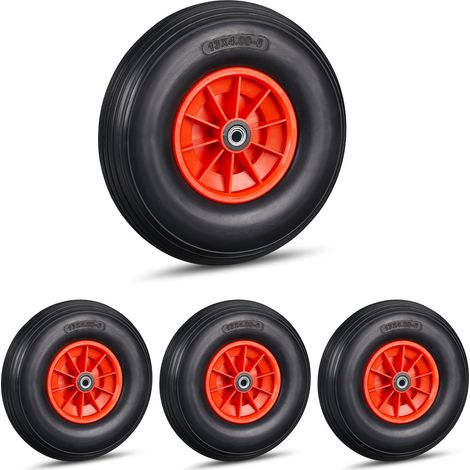 4 x Schubkarrenrad 4.00-6, Vollgummirad mit Kunststofffelge, 3 Adapter, Ersatzrad pannensicher, 100kg, schwarz-rot