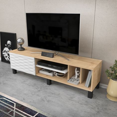 Decorotika Olyo 160 Cm Wide Decorative Meuble TV TV Console Meuble TV With Open Shelves And Cabinet For Living Room Hallway - Sapphire Oak Blanc (1/4)