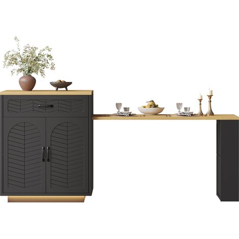 Carro de Cocina con 4 Puertas, 2 Cajones y Mesa Extensible, Botellero, en MDF, 80 x 70 x 95,5 cm, Negro (1/5)