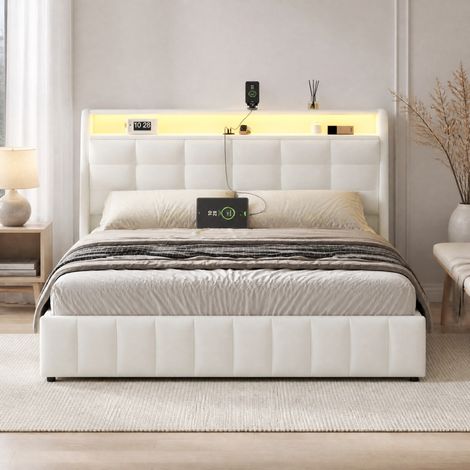 MEUBLIV Lit cadre de lit 160x200 cm blanc – LED, USB, rangement, tête de lit réglable, sans matelas (1/5)