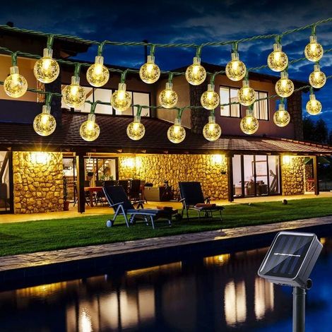 Catena luminosa per esterni alimentata a energia solare, lunga 6,5 m, 30 sfere di cristallo a LED, 8 modalità, impermeabile, adatta per uso interno ed esterno, ad esempio per giardino, patio, matrimon (1/5)
