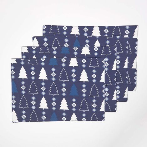 HOMESCAPES Blue Winterland Christmas Placemats, Set of 4