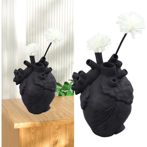Nouvelle version d'un vase à fleurs en forme de cœur artificiel, vase décoratif de bureau en résine en forme de foie, petit modèle noir. (1/5)