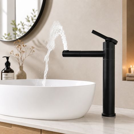 Noir Robinet Salle de Bain Mitigeur pour Vasque Haut Bec Pivotant 360°  Robinetterie de Lavabo en Acier Inox Design Moderne