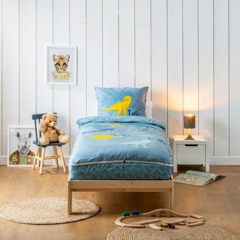 Parure de Lit Enfant T-Rex, 4 Pièces Couette Incluse, 90x190 cm, Coton, Bleu Vert (1/5)