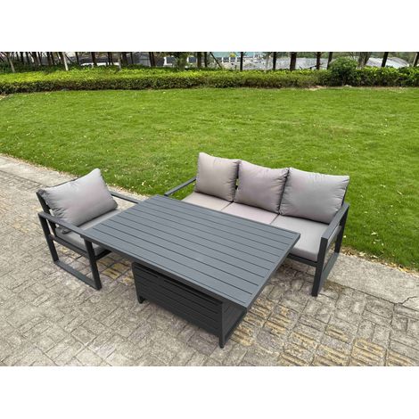 Fimous Aluminium Garden Furniture Set 3 Piece Aluminium Lounge Seating Adjustable Rising Lifting Dining Table Set with Cushions Dark Grey (1/5)