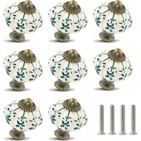 Ensemble de 8 boutons en céramique ivoire et verte - Boutons citrouille pour armoires et commodes rétro - Boutons de tiroir vintage avec vis pour armoires et tiroirs