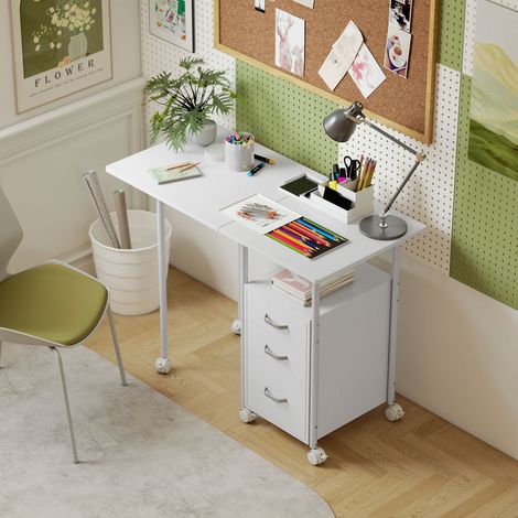 Klappbarer Computertisch auf Rollen, Schreibtisch mit Stauraum, 3 Schubladen, ausziehbare Tischplatte, 105 x 51 x 75,5 cm, weiß