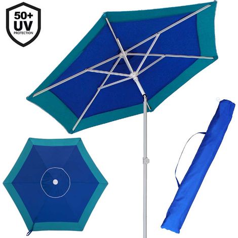 Ombrellone Mare Spiaggia Giardino Acciaio Grande 210cm Turchese Blu con Custodia (1/5)