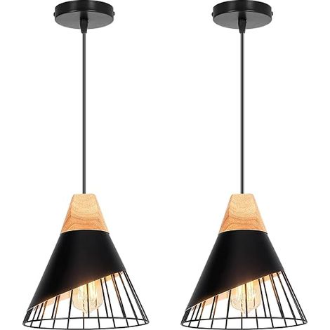 Suspensions Luminaires Bois Lustre Abat-jour Métal Cage Ø25cm Plafonnier E27 Cuisine Chambre Salon (1/5)
