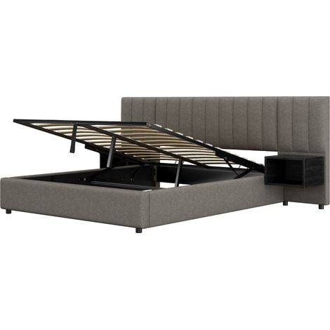 Cama tapizada 160 x 200 cm con almacenaje hidráulico y 2 mesillas, lino gris y negro, HOMVRA (1/5)
