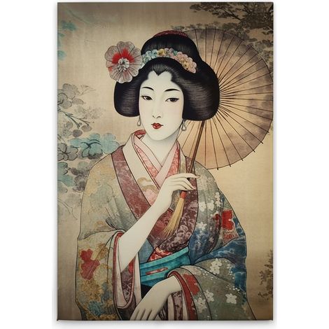Leinwandbild Geisha Asia Vintage M1-No.52061 - Kunstdruck auf Leinwand in Bunt Beige - Wandbild 50 x 75 cm