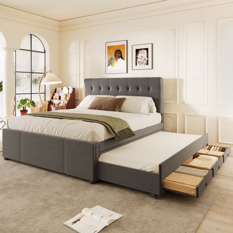 Cama doble con cajones y cabecero ajustable gris OKMYHOME (1/5)