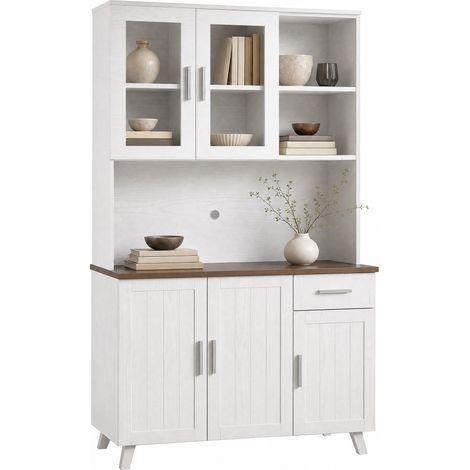 Buffet haut rustique blanc et bois, meuble de rangement 114 x 40 x 190 cm avec 5 portes, 1 tiroir, vitrines en verre et charnières amorties  CHICFURN (1/5)