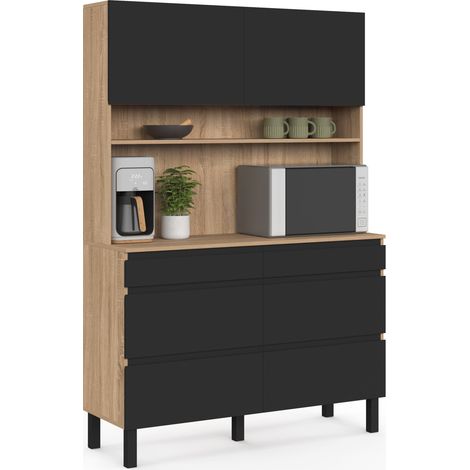 Idmarket – Buffet double casserolier de cuisine 120 cm – 6 tiroirs – 1 placard – bois et noir – Espace ouvert pour micro-ondes – Dimensions 120x40x177 cm